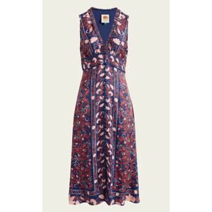 Farm Rio Boho Floral Scarf Navy Blue Midi Dress Medium